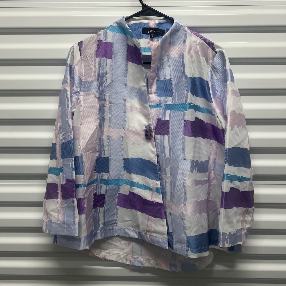 Yushi Size S Womens Abstract Geometric Fringe Textured Jacket Purple Blue USA — photo 2